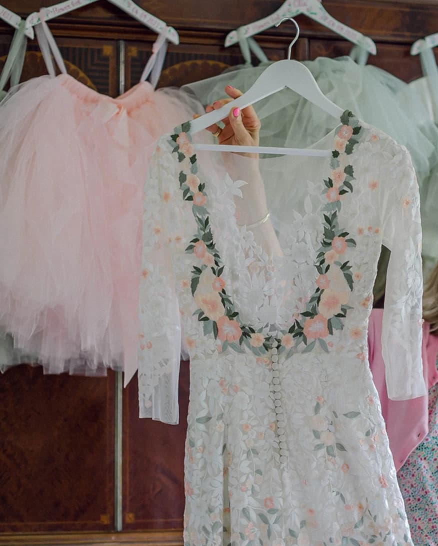 beautiful details of bride's wedding gown