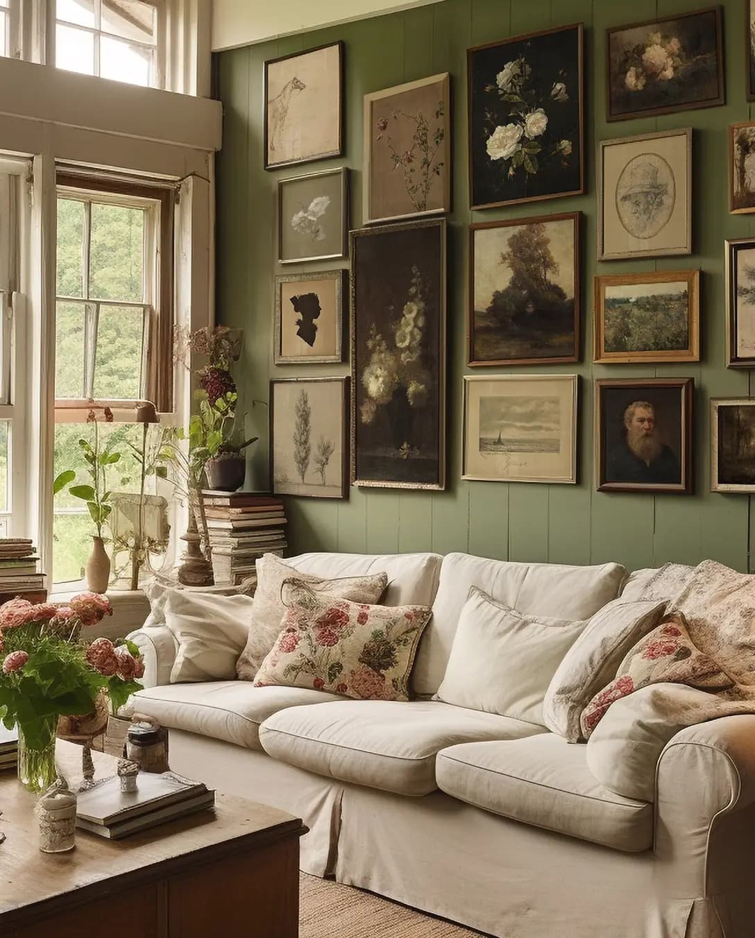 A gallery wall in the living room of a traditional English countryside home.