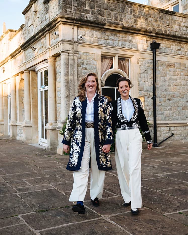 Brides outside the wedding venue, Kingswood House 