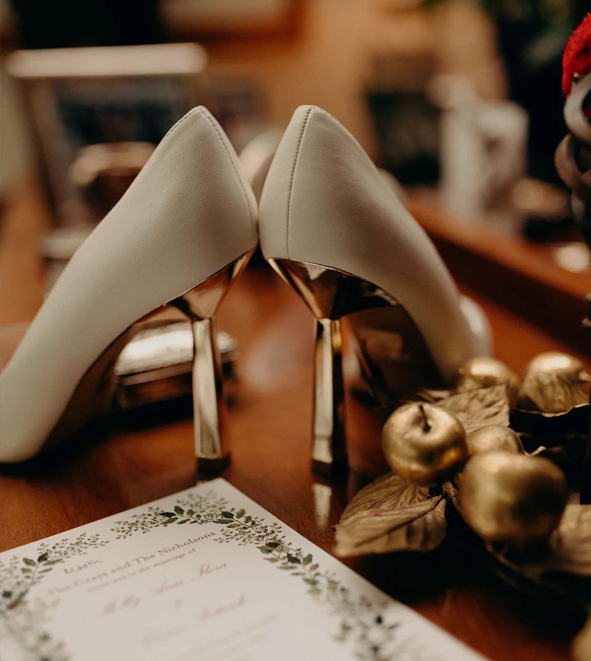 Bridal shoes with golden heel