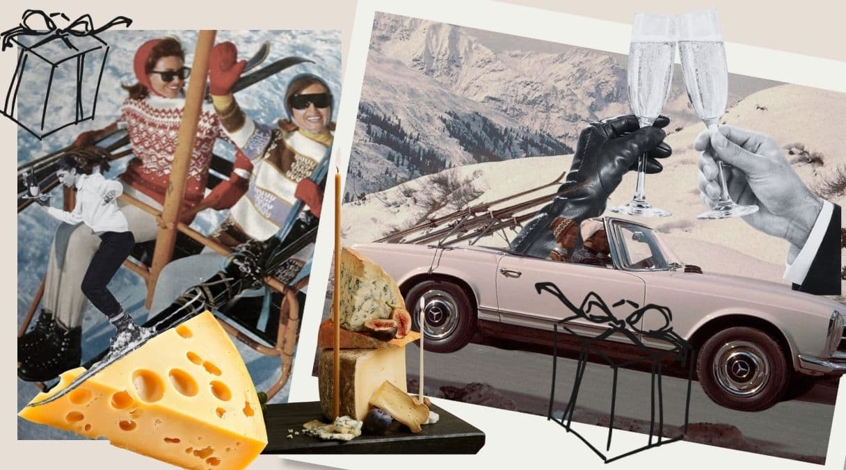 A apres-ski inspired collage featuring vintage ski photos, cheeseboard and presents