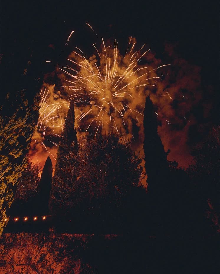 Nighttime wedding celebration with golden fireworks lighting up the sky above silhouetted cypress trees