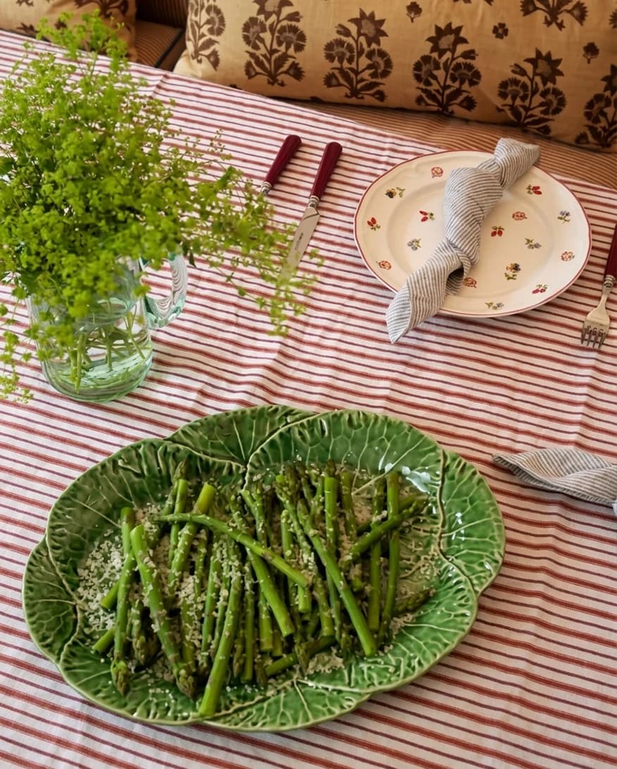 Lucy Williams' tablesetting  featuring Rebecca Udall tablecloth, Bordallo Pinheiro platter, Villeroy & Boch plates and Late Afternoon cutlery