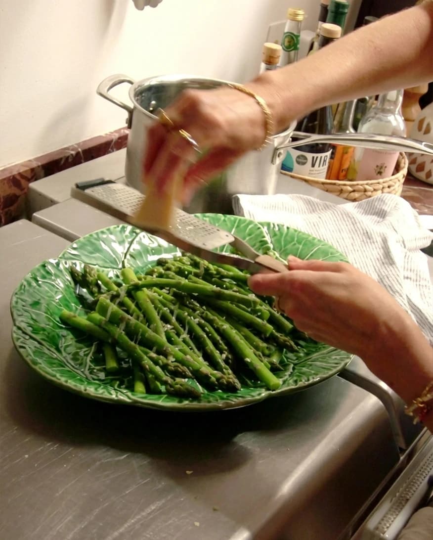 Lucy Williams at home, serving food on a wedding gift, a cabbage style platter