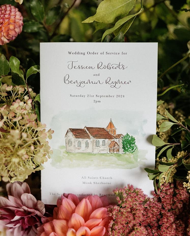 Illustrated wedding order of service featuring a hand-painted English church, surrounded by seasonal flowers, for an elegant English countryside wedding ceremony.