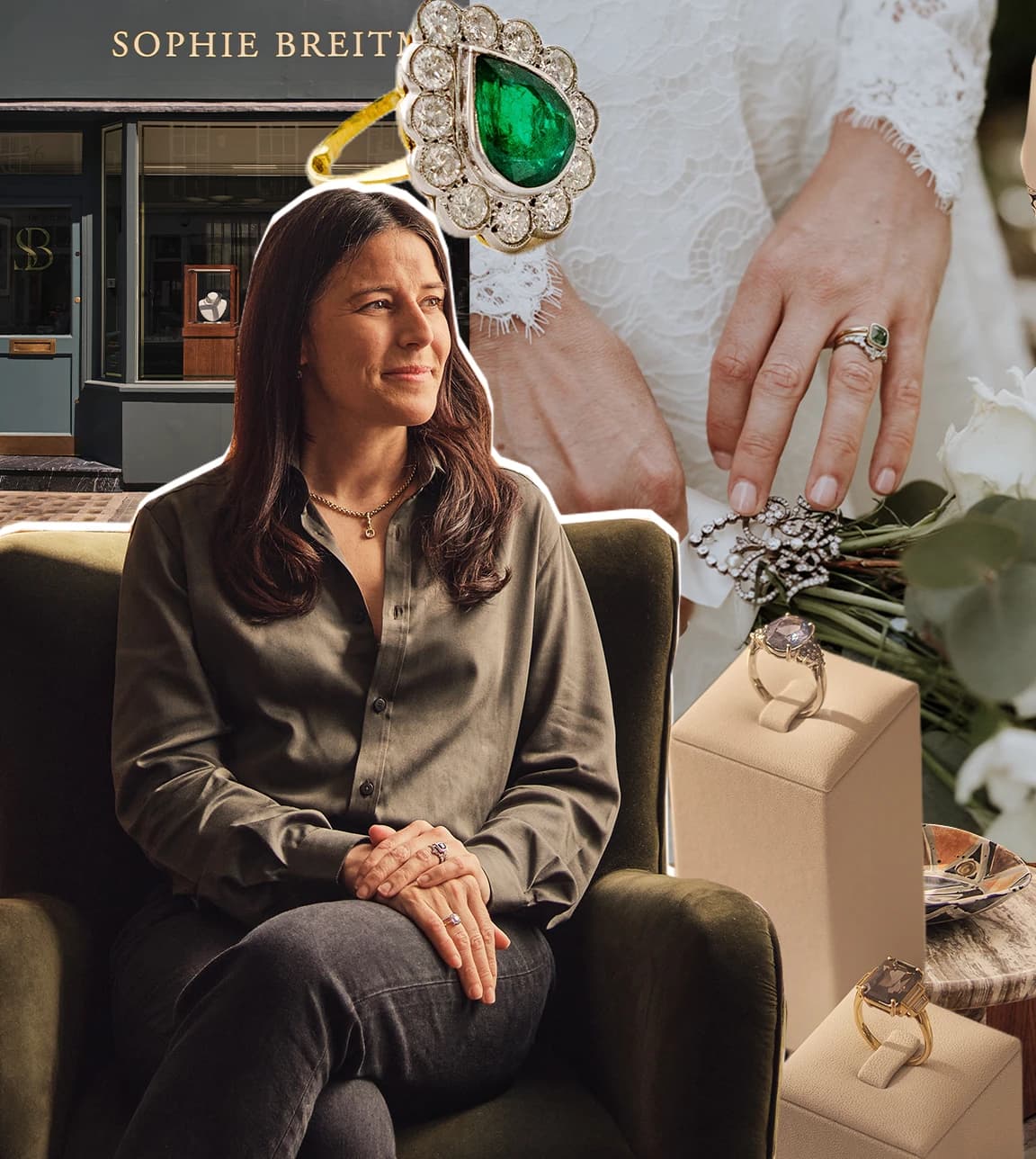 A collage of images showing Sophie Breitmeyer, her Belgravia studio, jewellery, Sophie Breitmeyer's own wedding photos 