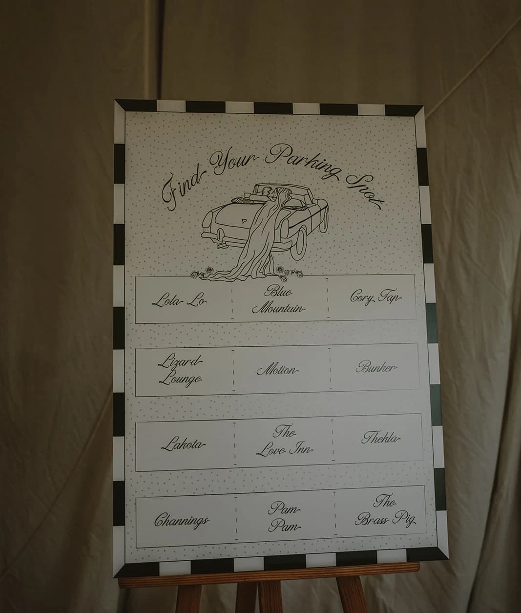 A seating plan with car-themed illustrations