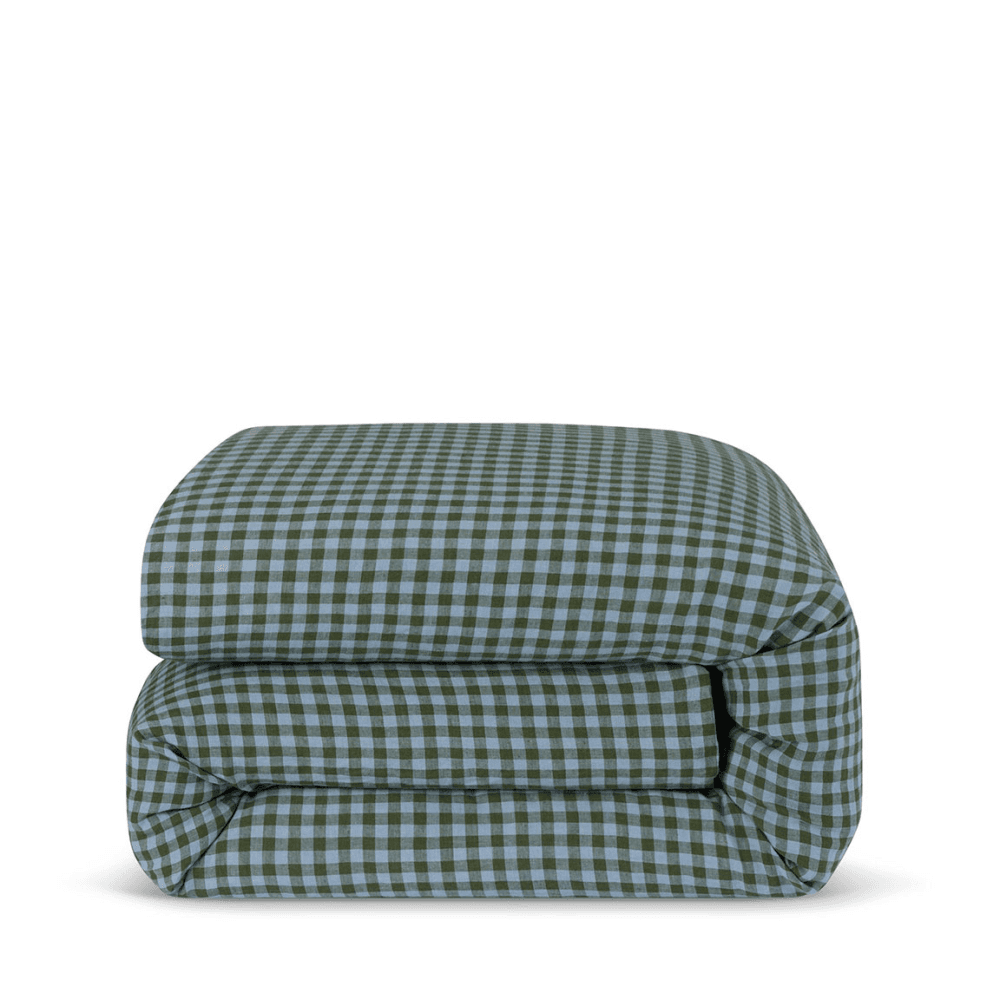 Gingham Linen Blend Duvet Cover, Fern Green & Dusk Blue
