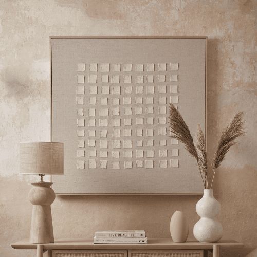 Image showing the Textured Squares Framed Linen Wall Art, Cream product.