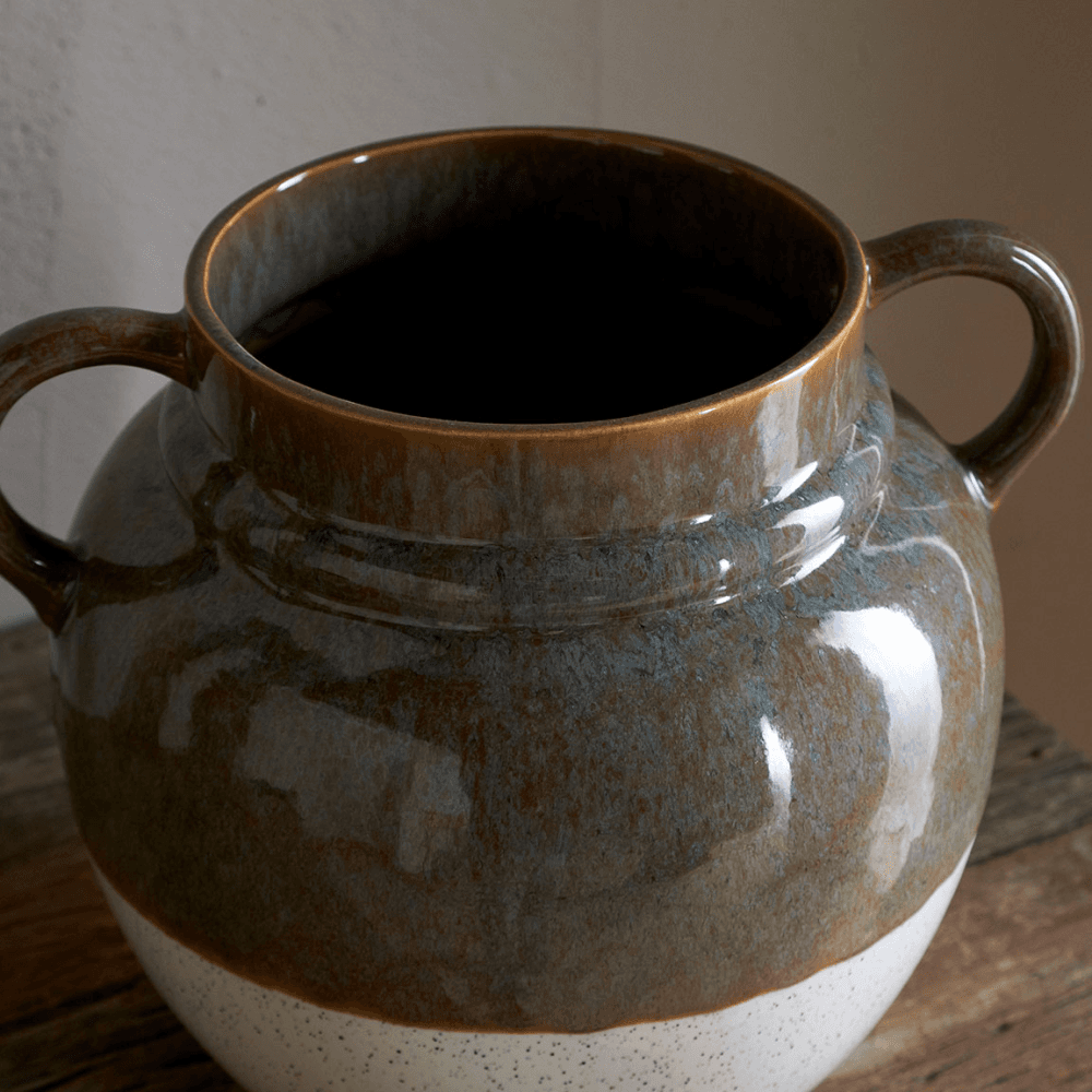 Inha Reactive Glaze Vase, Dark Olive & Natural