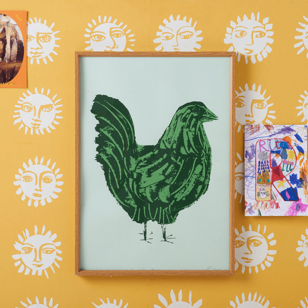 French Hen Print Waxed Oak Frame, Pasture