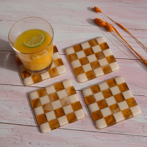 Image showing the Oceanside Set of 4 Coasters, 10 x 10cm, Almond & Amber Chequered product.