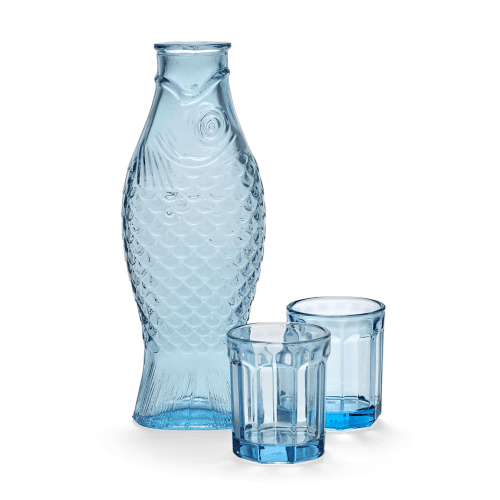 Image showing the Fish & Fish by Paola Navone Carafe & Set of 2 Glasses, Blue product.