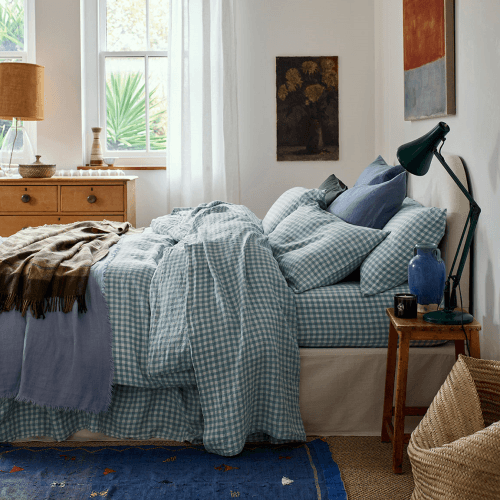 Image showing the Gingham Linen Blend Duvet Cover, King, Warm Blue product.