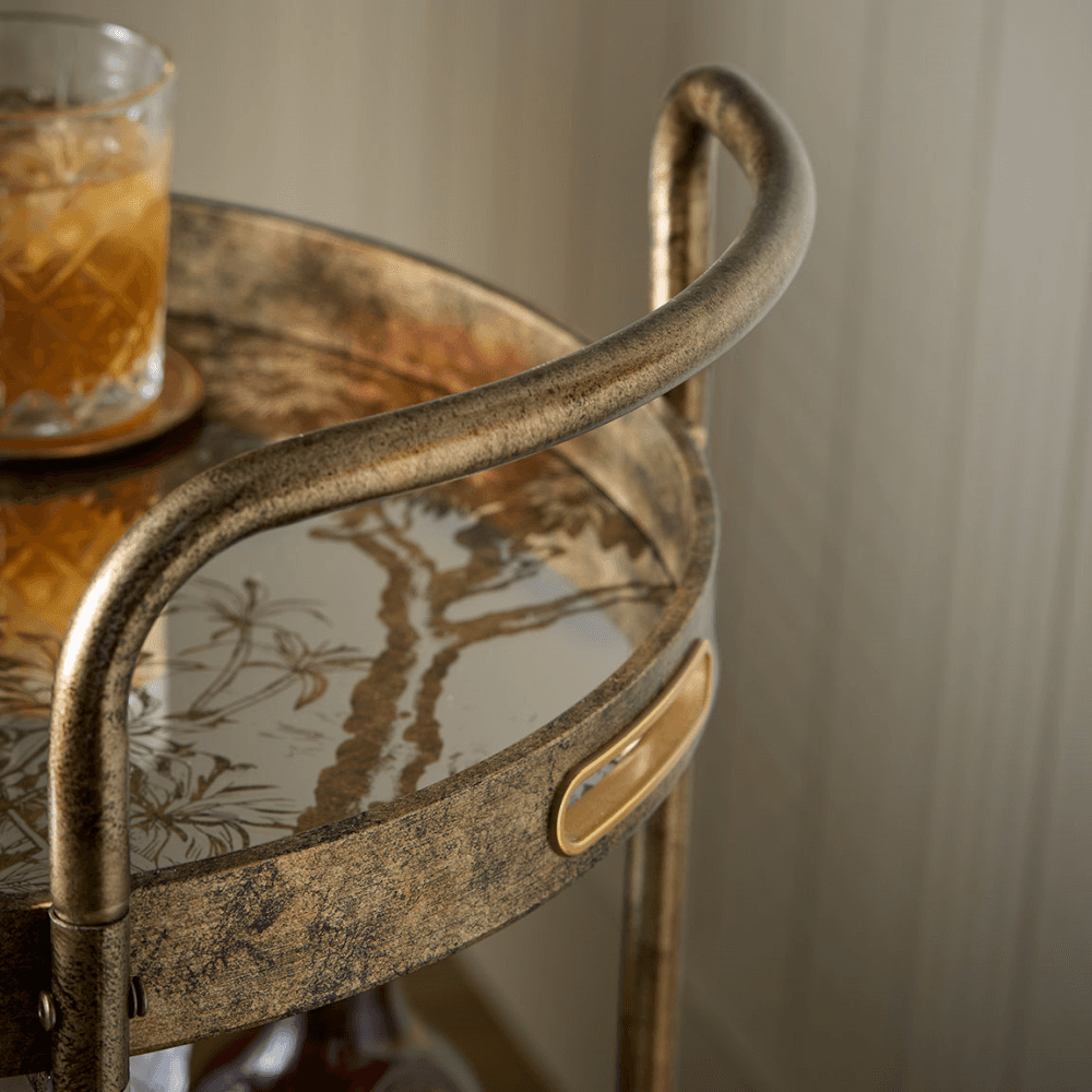 Antiqued Glass Drinks Trolley, Gold