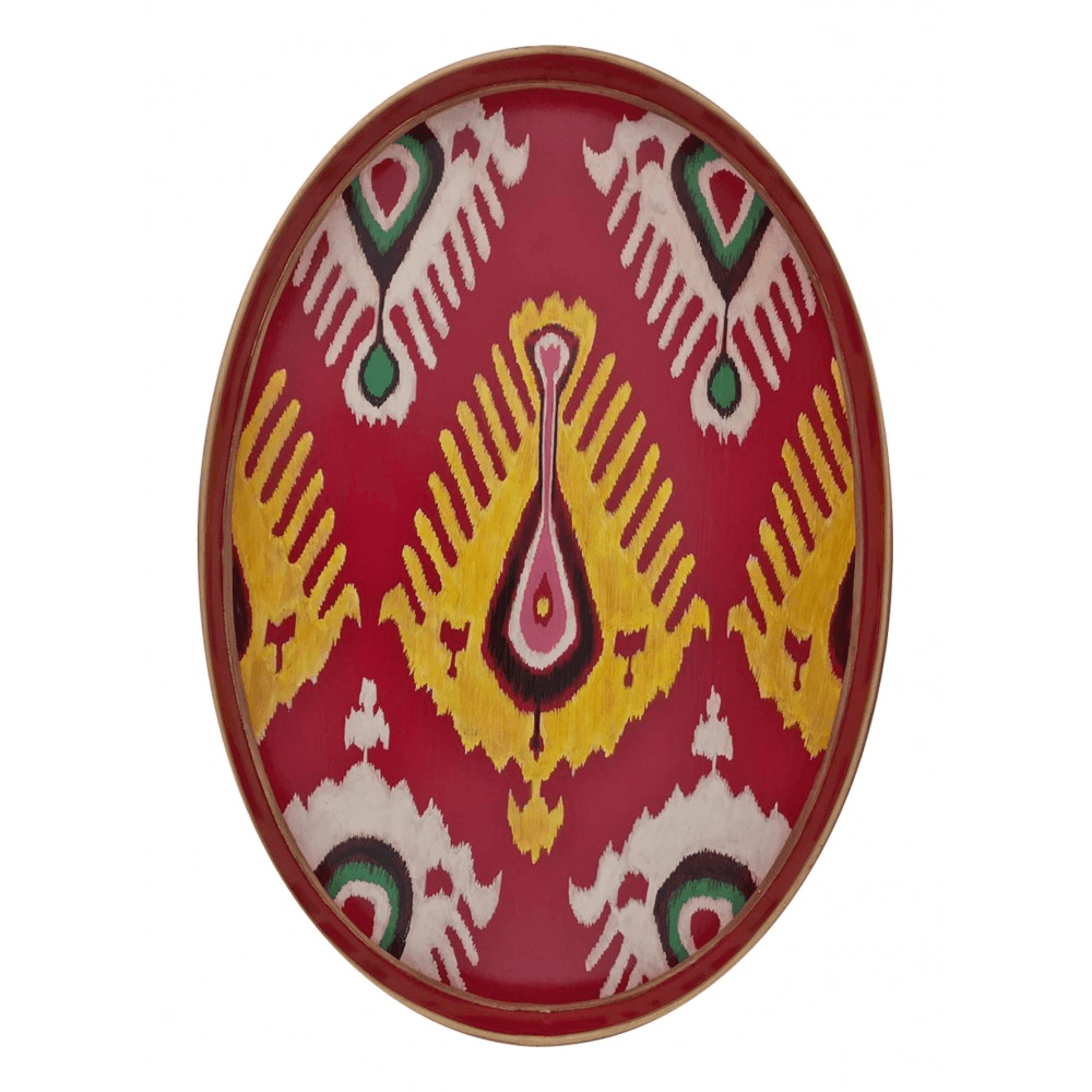 Ikat Oval Handpainted Iron Tray, 48 x 39cm, Red