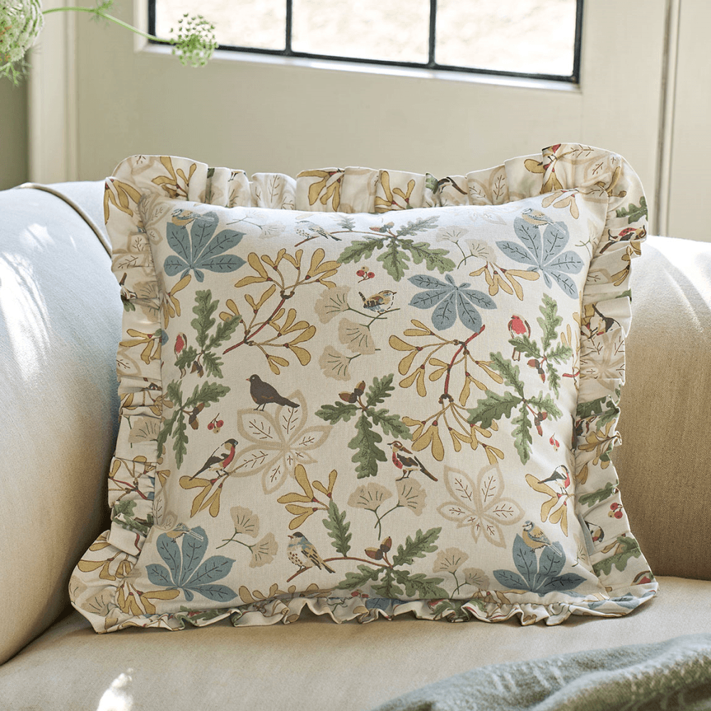 Orchard Birds Frill Edge Cushion, Stone