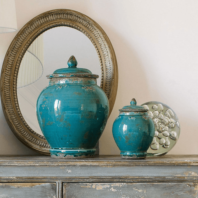 Zion Lidded Set of 2 Urns, large H32 x D23cm - small H19 x D13cm, Aruba Blue