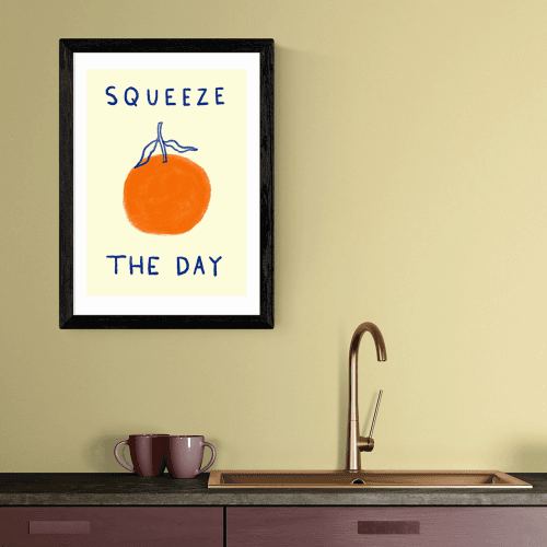 Image showing the She Snacks and Paints Squeeze The Day Orange Print, Black product.