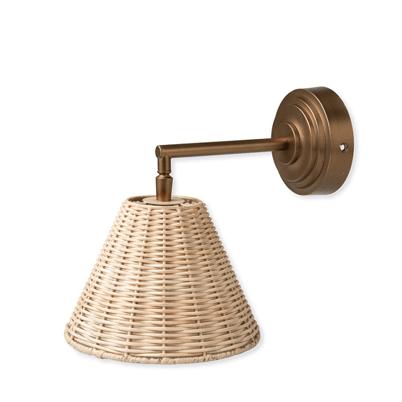 Hatherley Wall Light With Rattan Shade, Antique Brass Finish