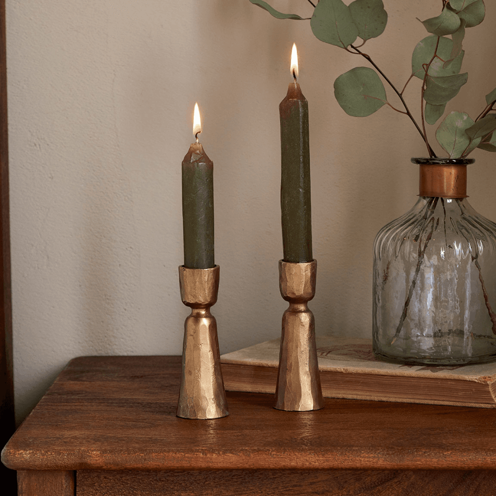 Lokoja Set of 2 Candle Holders, Antique Brass