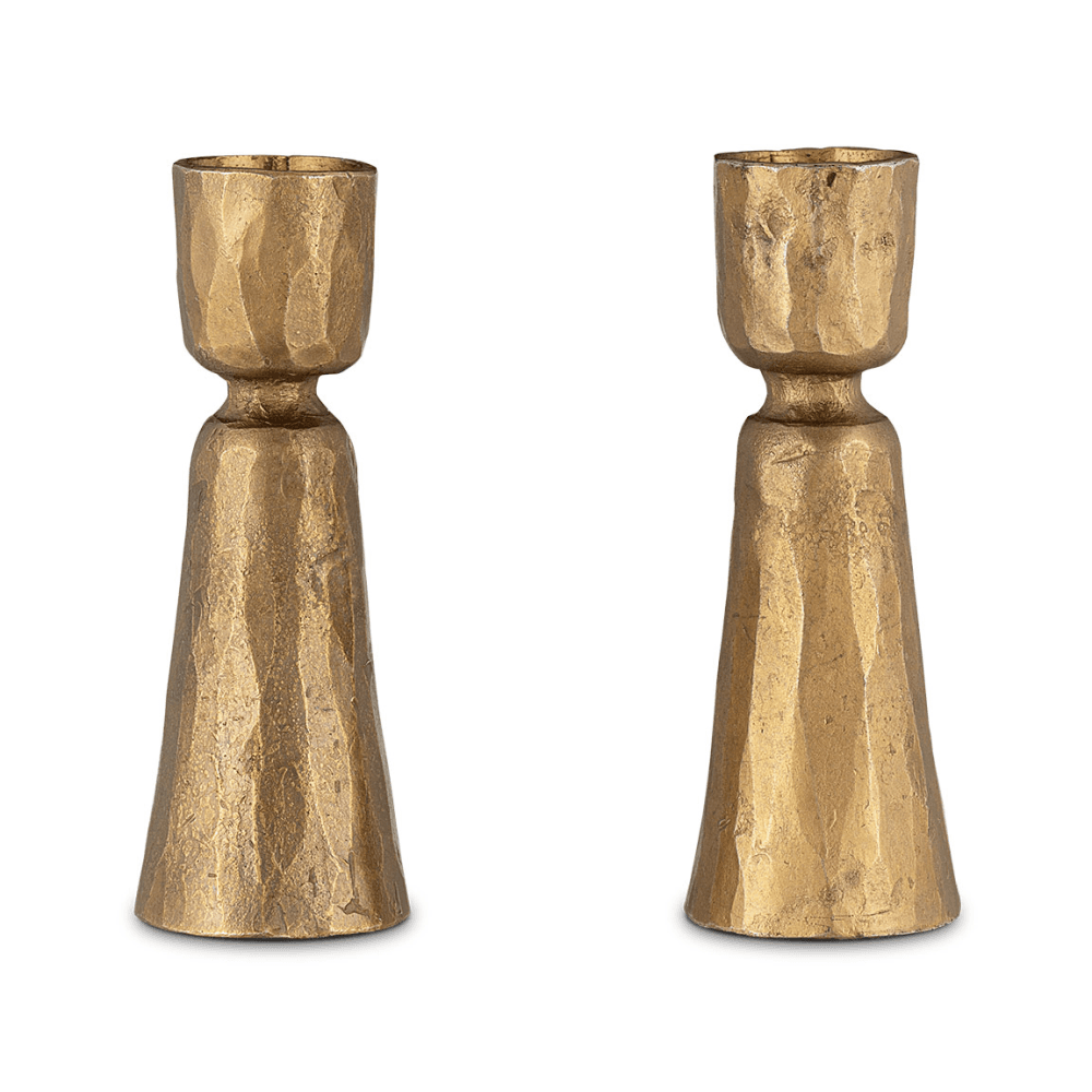 Lokoja Set of 2 Candle Holders, Antique Brass