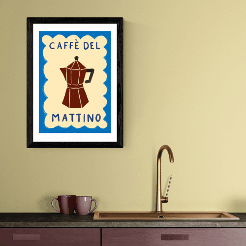 Image showing the She Snacks and Paints Caffè Del Mattino Print, Black product.