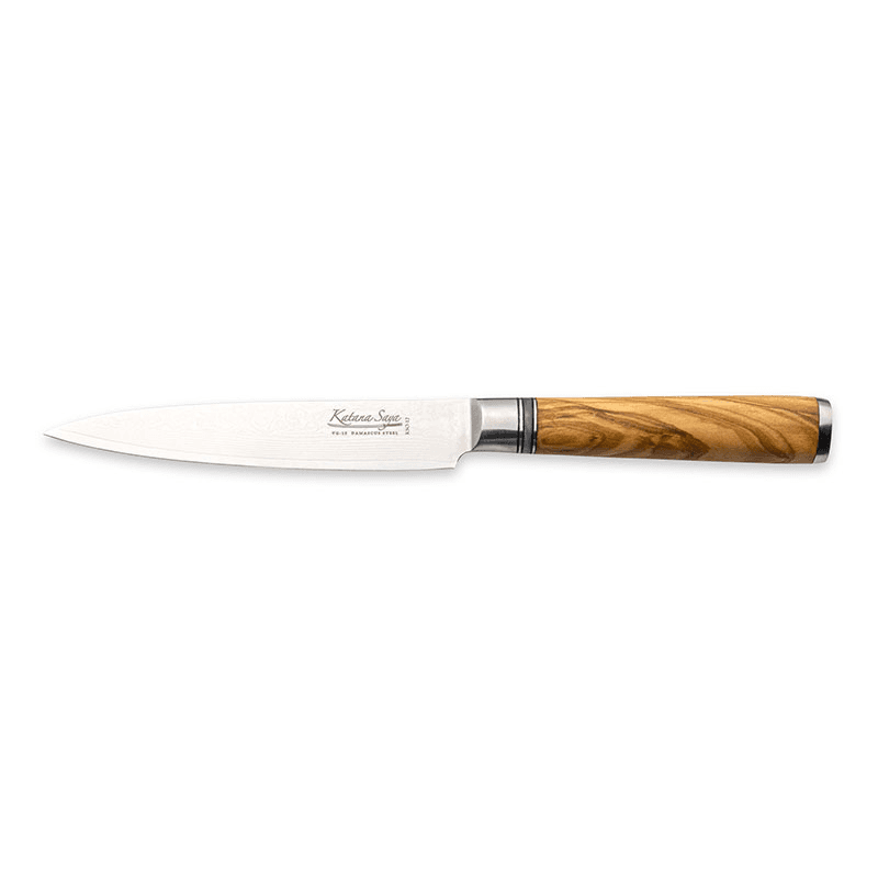 Katana Saya Olive Wood Utility Knife with Damascus Blade