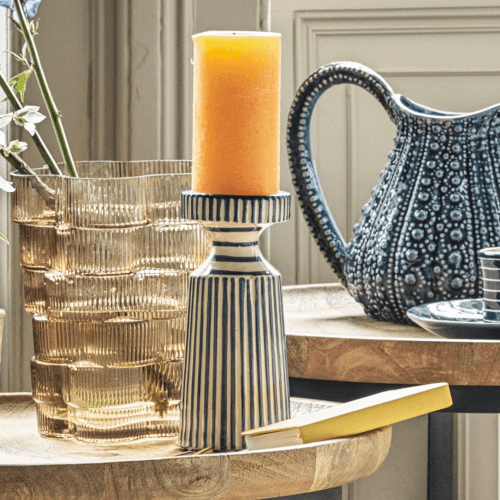 Image showing the Striped Candle Holder, H20.5cm, Blue product.