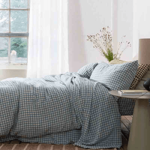Image showing the Gingham Pair of Super King Linen Pillowcases, Warm Blue product.