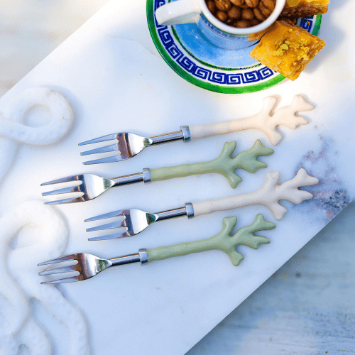 Image showing the Mixed Coral Set of 4 Cake Forks, Sage Green & Cream product.