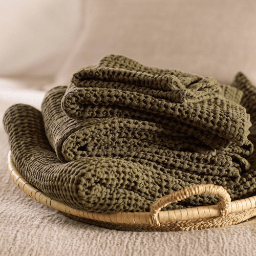 Image showing the Waffle 100% Organic Cotton Hand Towel, Hand, Dark Olive product.