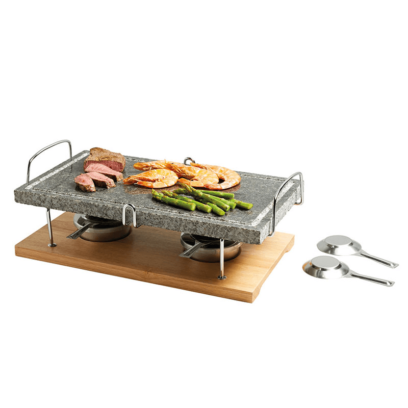 Hot stone grill set, marble with wooden base