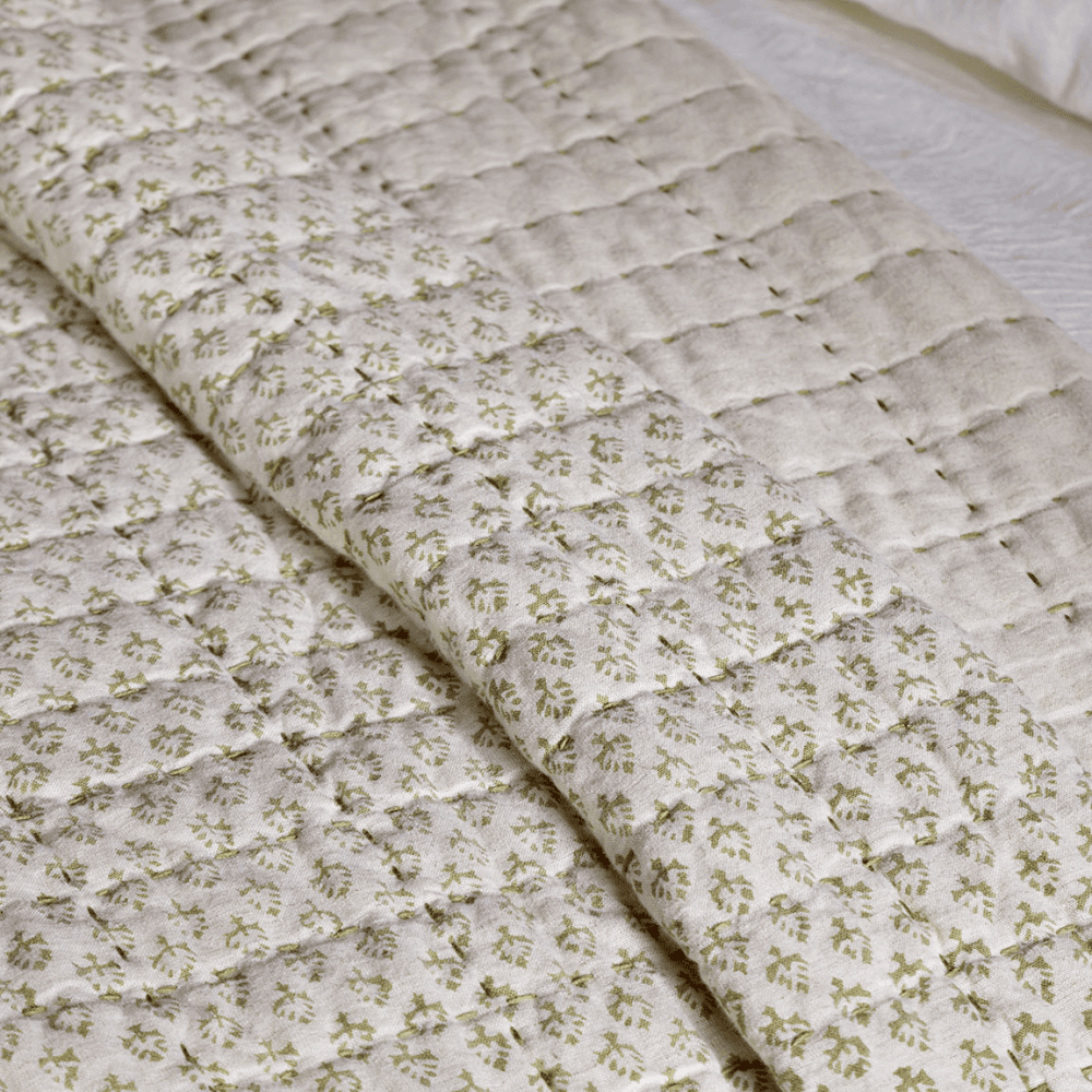 Peplu Cotton & Linen Screen Print Bed Quilt, Sage Green