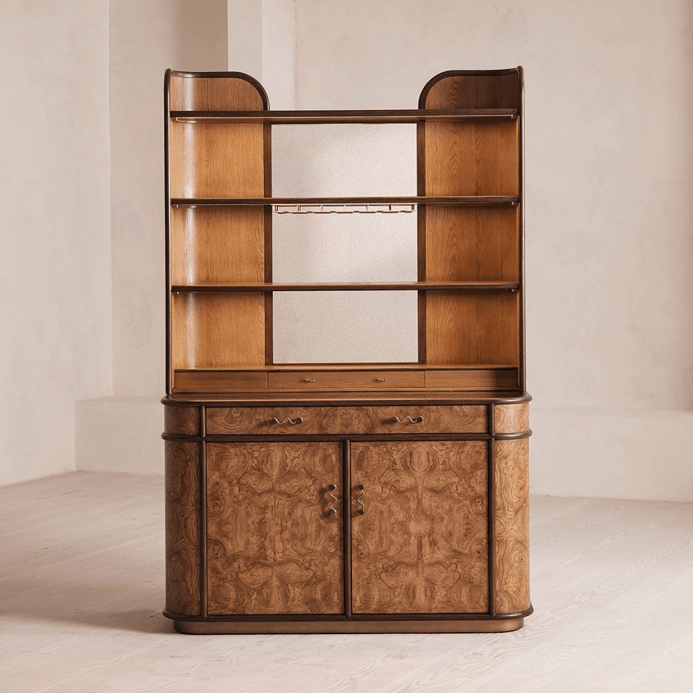 Portavini Bar Storage, Olive Ash Burl & Black Marquina Marble