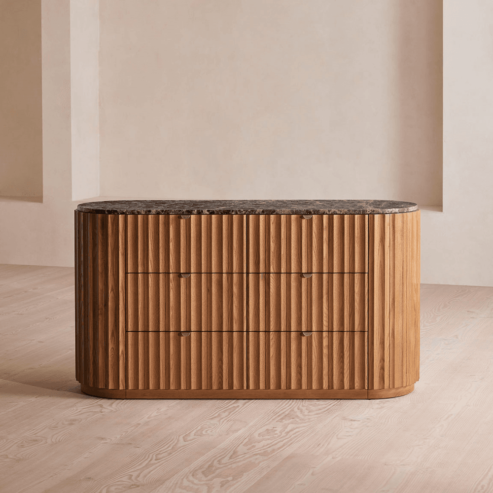 Railton 6 Drawer Dresser, Oak & Dark Emperador Marble