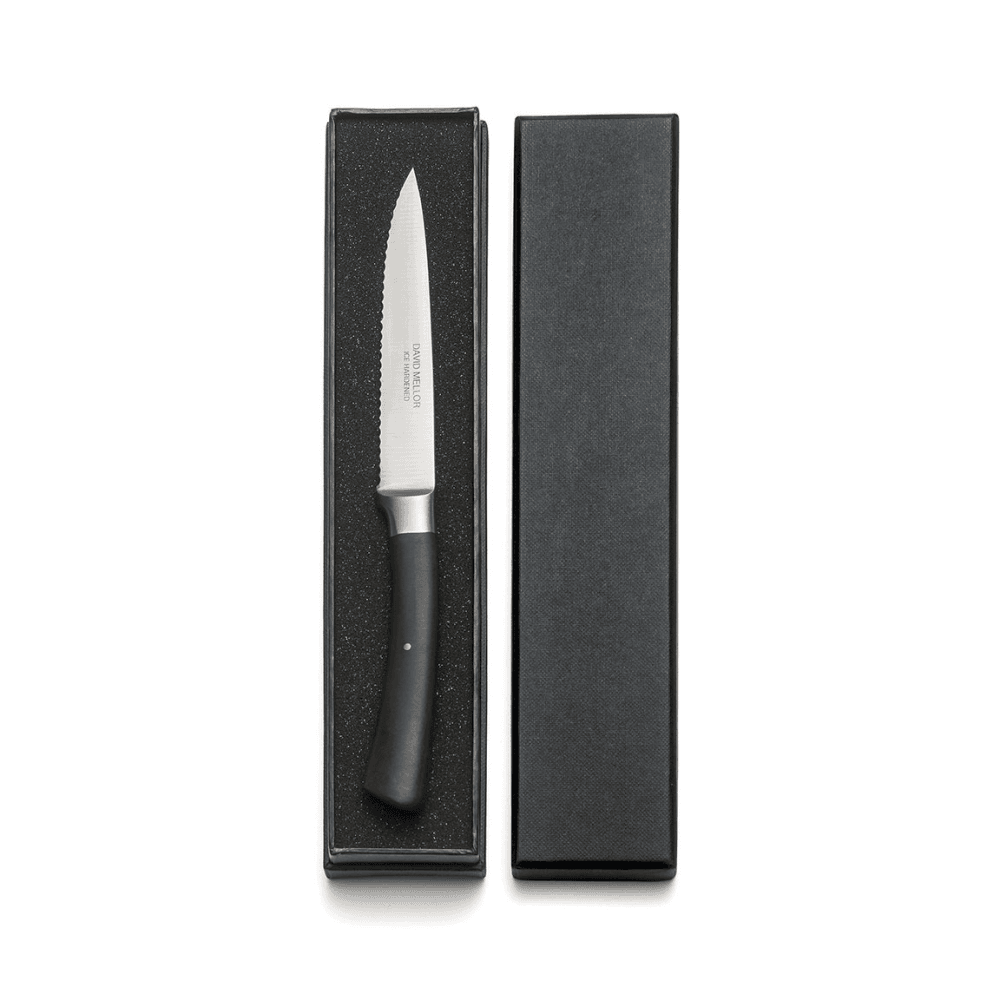 Serrated paring knife, stainless steel black handle