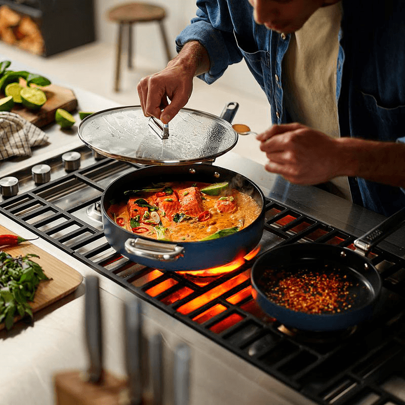 Space Folding Handle Ceramic Non-Stick Cookware Set, Midnight Blue