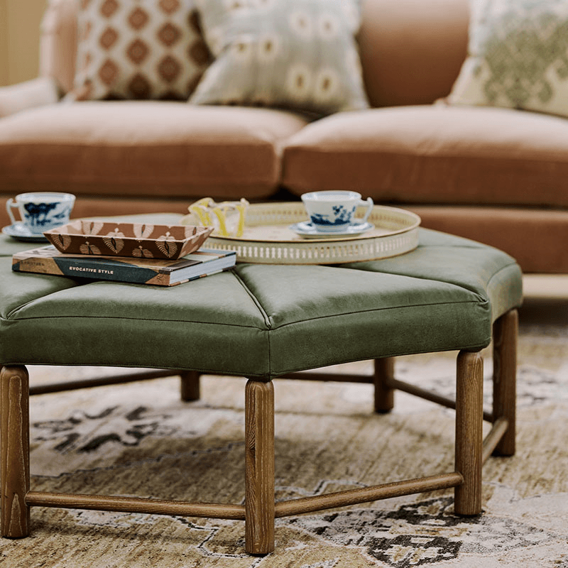 Ottagono Leather Ottoman, Spruce