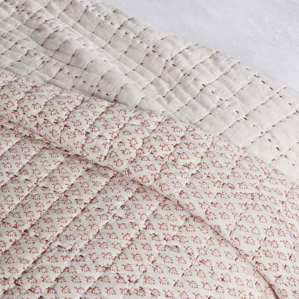 Peplu Cotton & Linen Screen Print Bed Quilt, Rust