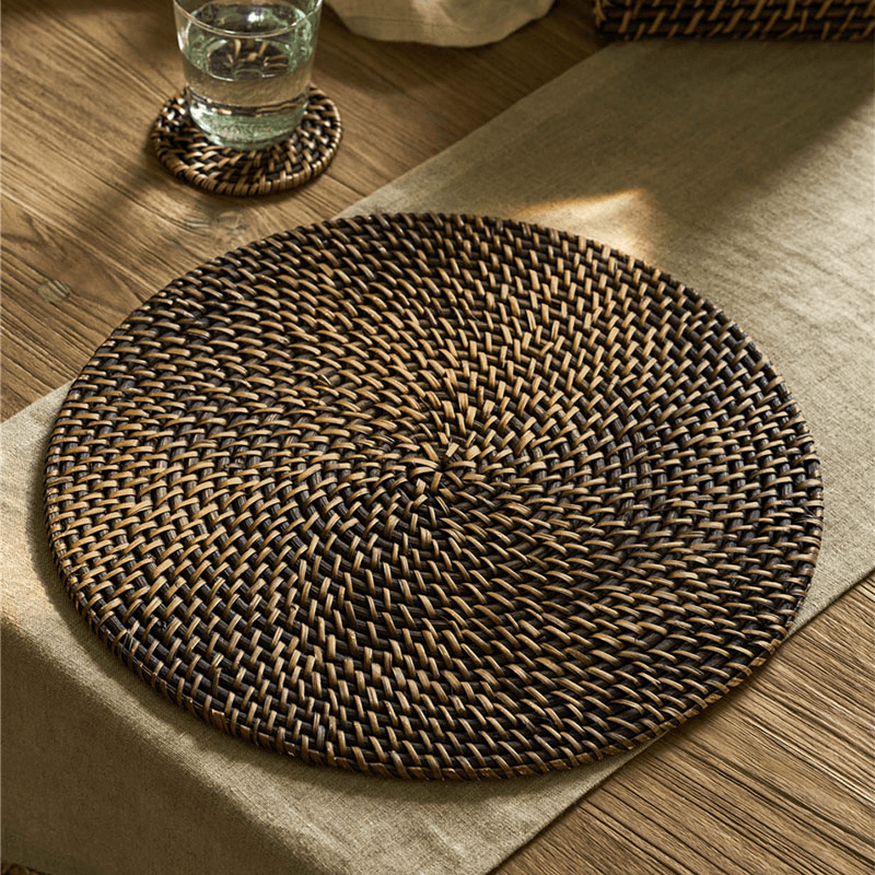Wittering Rattan Set of 4 Round Placemats, Antique Brown