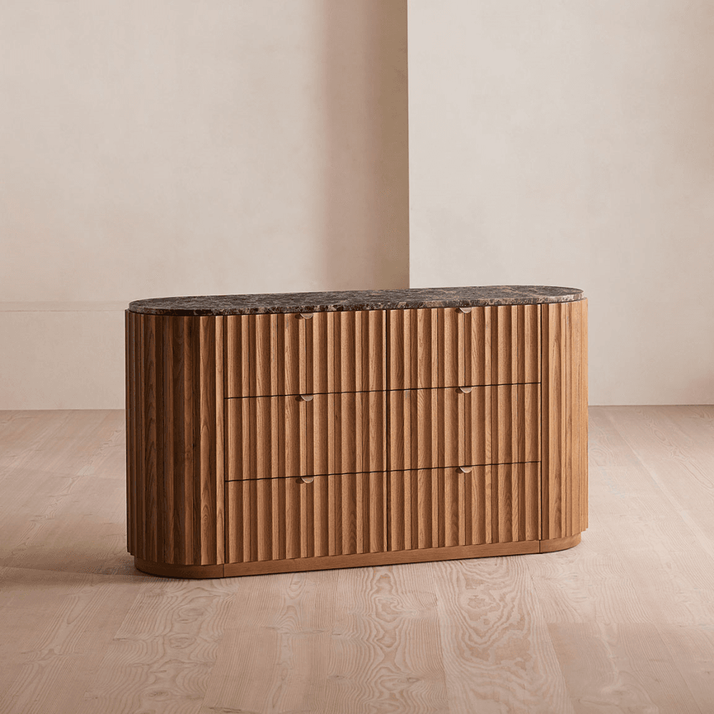 Railton 6 Drawer Dresser, Oak & Dark Emperador Marble