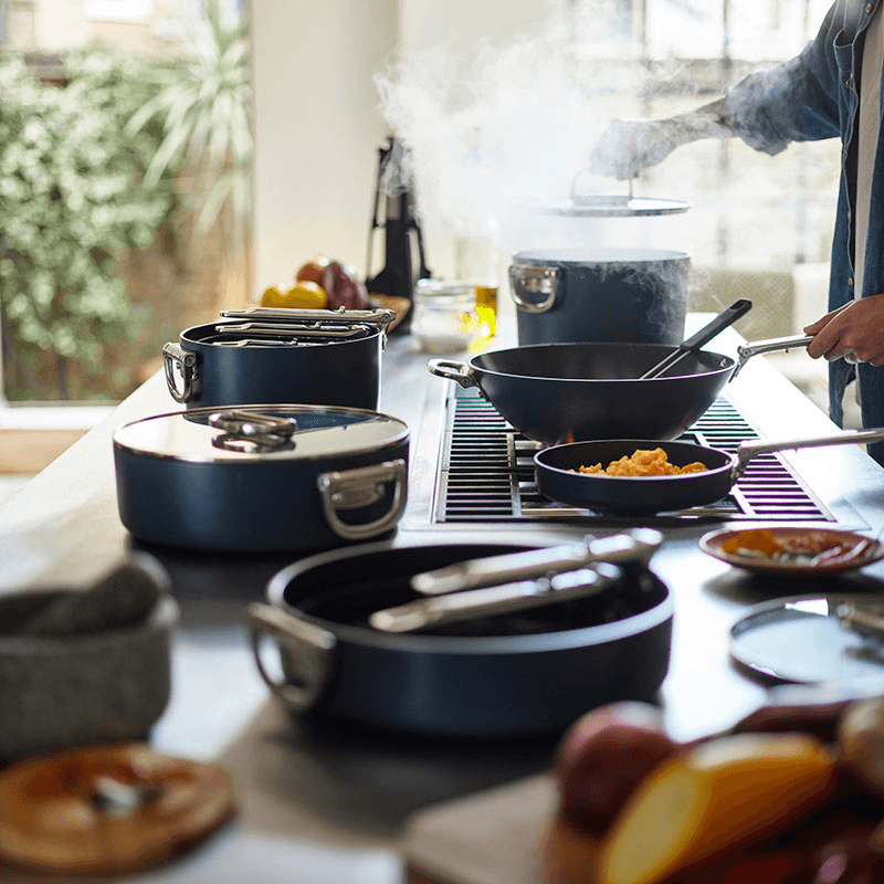 Space Folding Ceramic Non-Stick Saute Pan & Lid, Midnight Blue