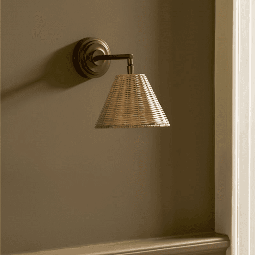 Image showing the Hatherley Wall Light With Rattan Shade, Antique Brass Finish product.