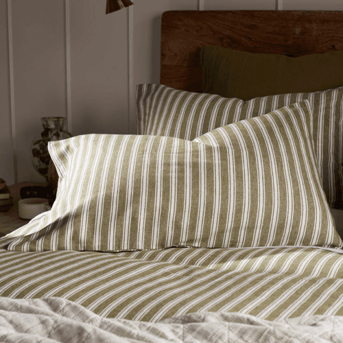 Image showing the Fred Stripe 100% Organic Brushed Cotton Housewife Pillowcase, Standard, Olive Green product.
