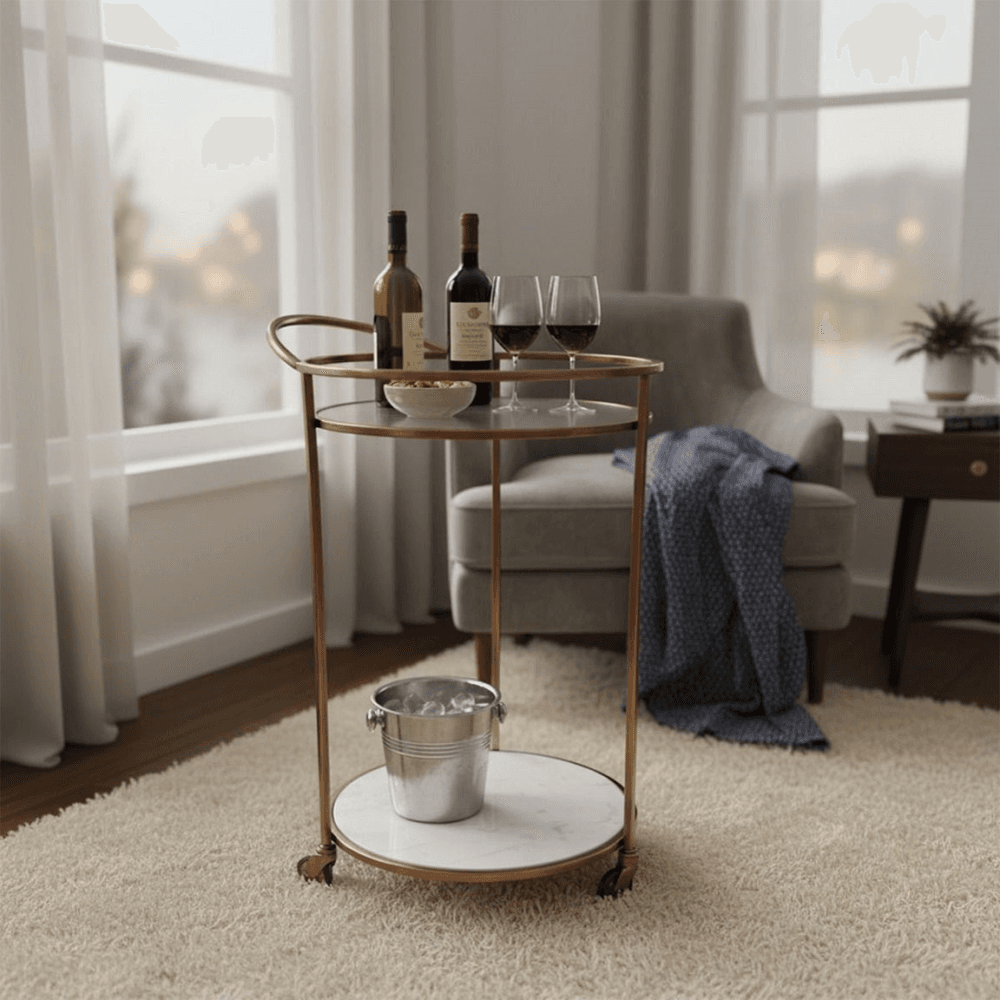 Round Drinks Trolley, Antique Brass