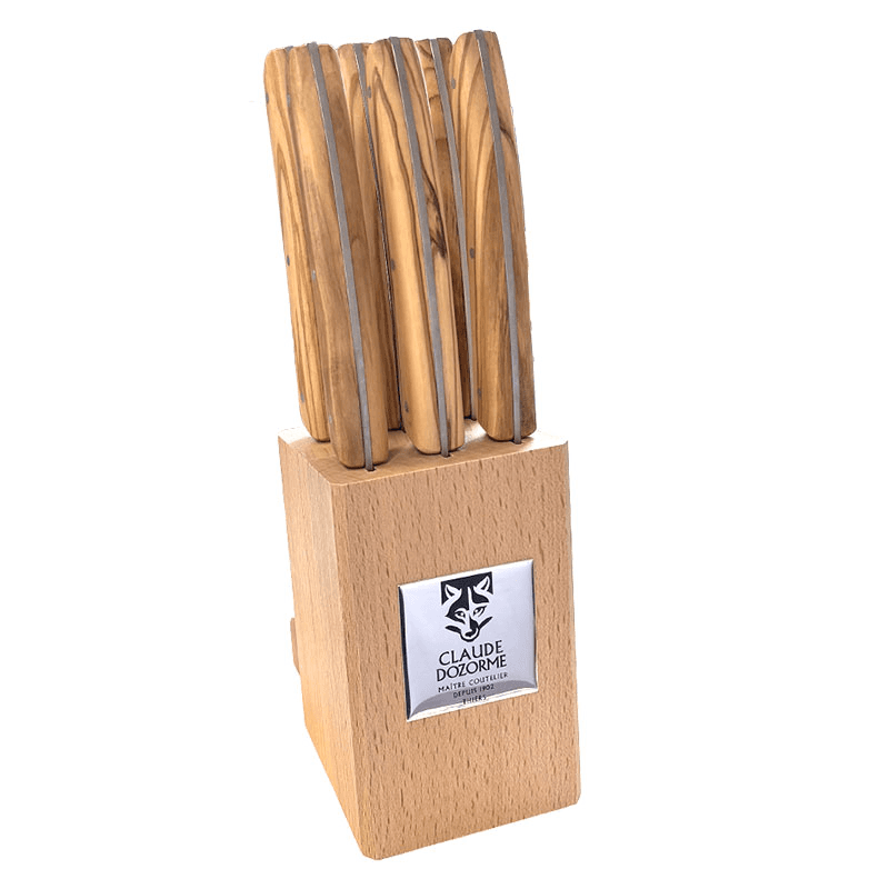 Thiers Set of 6 Steak Knives in Wooden Block, Olivewood