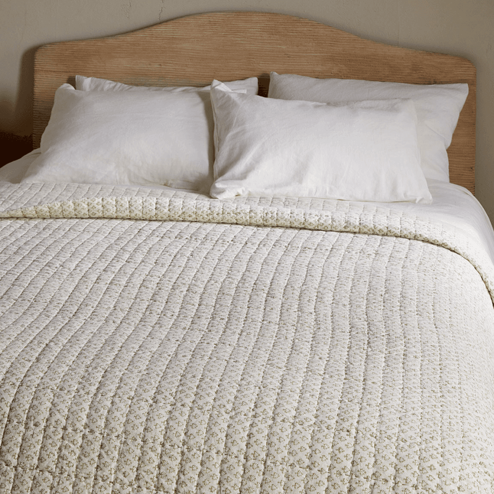 Peplu Cotton & Linen Screen Print Bed Quilt, Sage Green