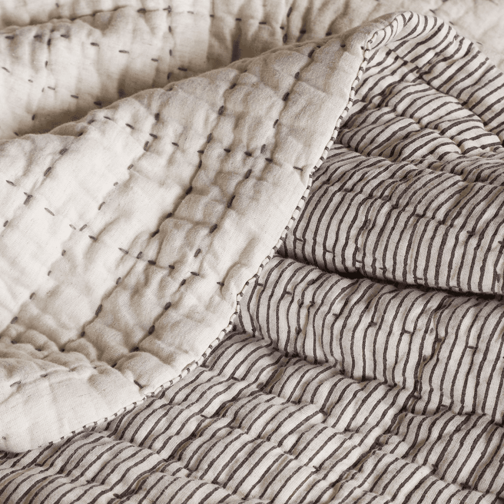 Dipti Cotton & Linen Block Print Bed Quilt, Charcoal