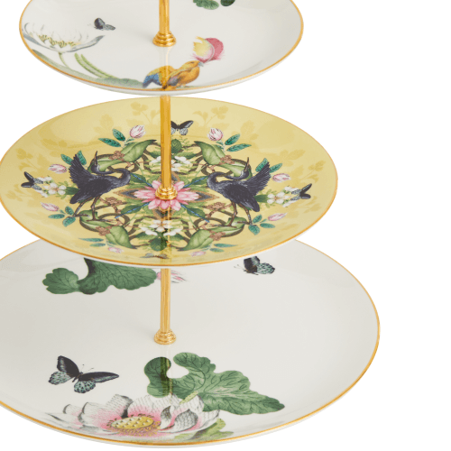 Image showing the Wonderlust Waterlily 3 Tier Cake Stand, White/Yellow/Floral product.